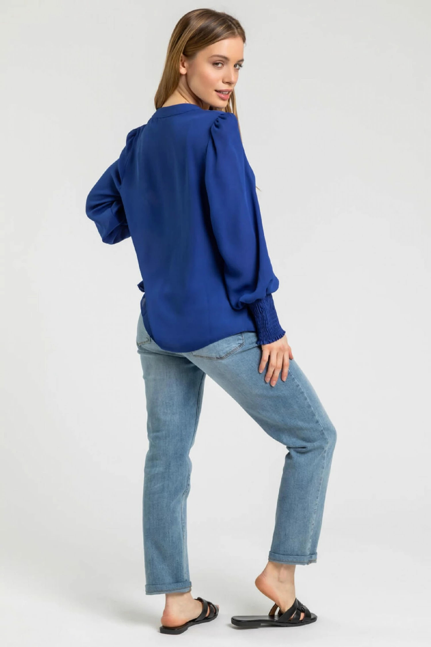 Roman Blue Petite Plain Buttoned Shirred Cuff Top 4 Roman Blue Petite Plain Buttoned Shirred Cuff Top - Image 2