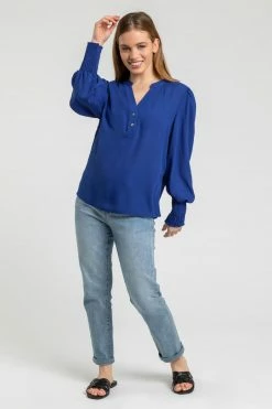 Roman Blue Petite Plain Buttoned Shirred Cuff Top 9 Roman Blue Petite Plain Buttoned Shirred Cuff Top -Roman Sales Shop unnamed file 5752