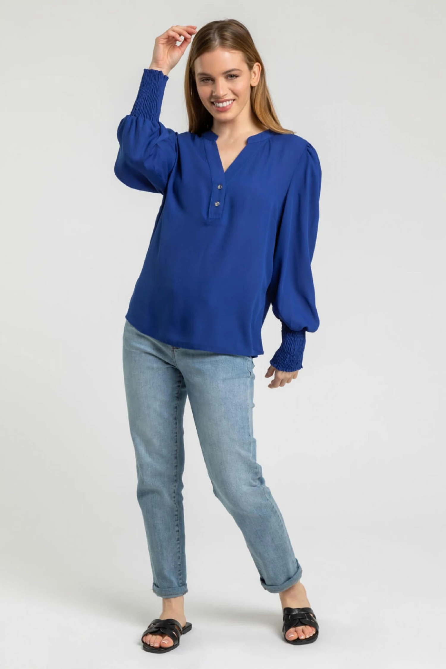 Roman Blue Petite Plain Buttoned Shirred Cuff Top 5 Roman Blue Petite Plain Buttoned Shirred Cuff Top - Image 3