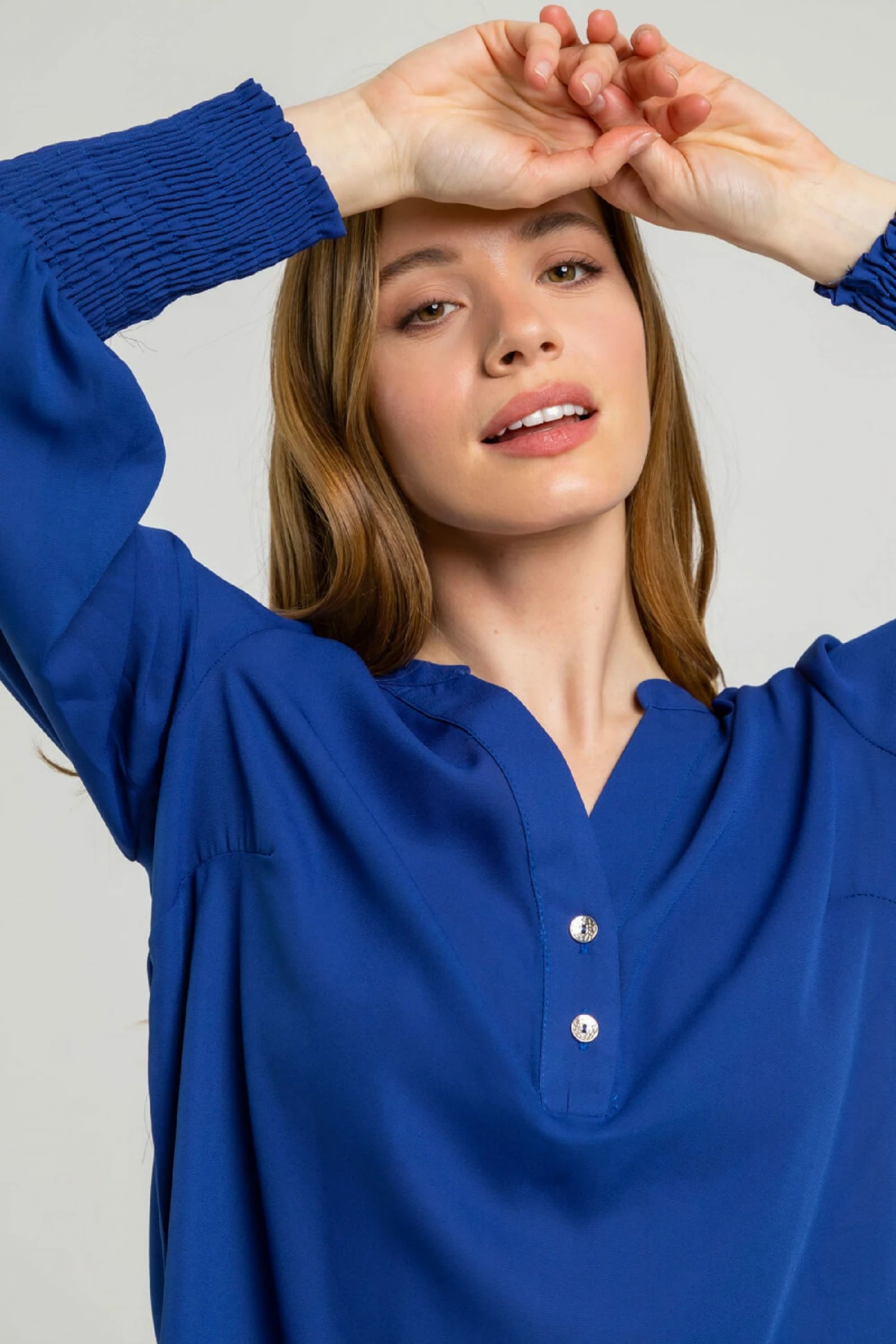 Roman Blue Petite Plain Buttoned Shirred Cuff Top 6 Roman Blue Petite Plain Buttoned Shirred Cuff Top - Image 4