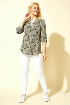 Roman Green Leaf Print Notch Neck Top -Roman Sales Shop unnamed file 5757