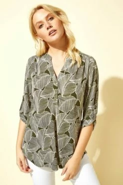 Roman Green Leaf Print Notch Neck Top -Roman Sales Shop unnamed file 5759