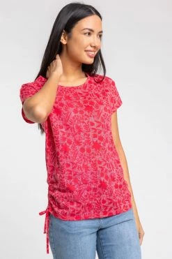 Roman Red Burnout Floral Print Tie Detail Top