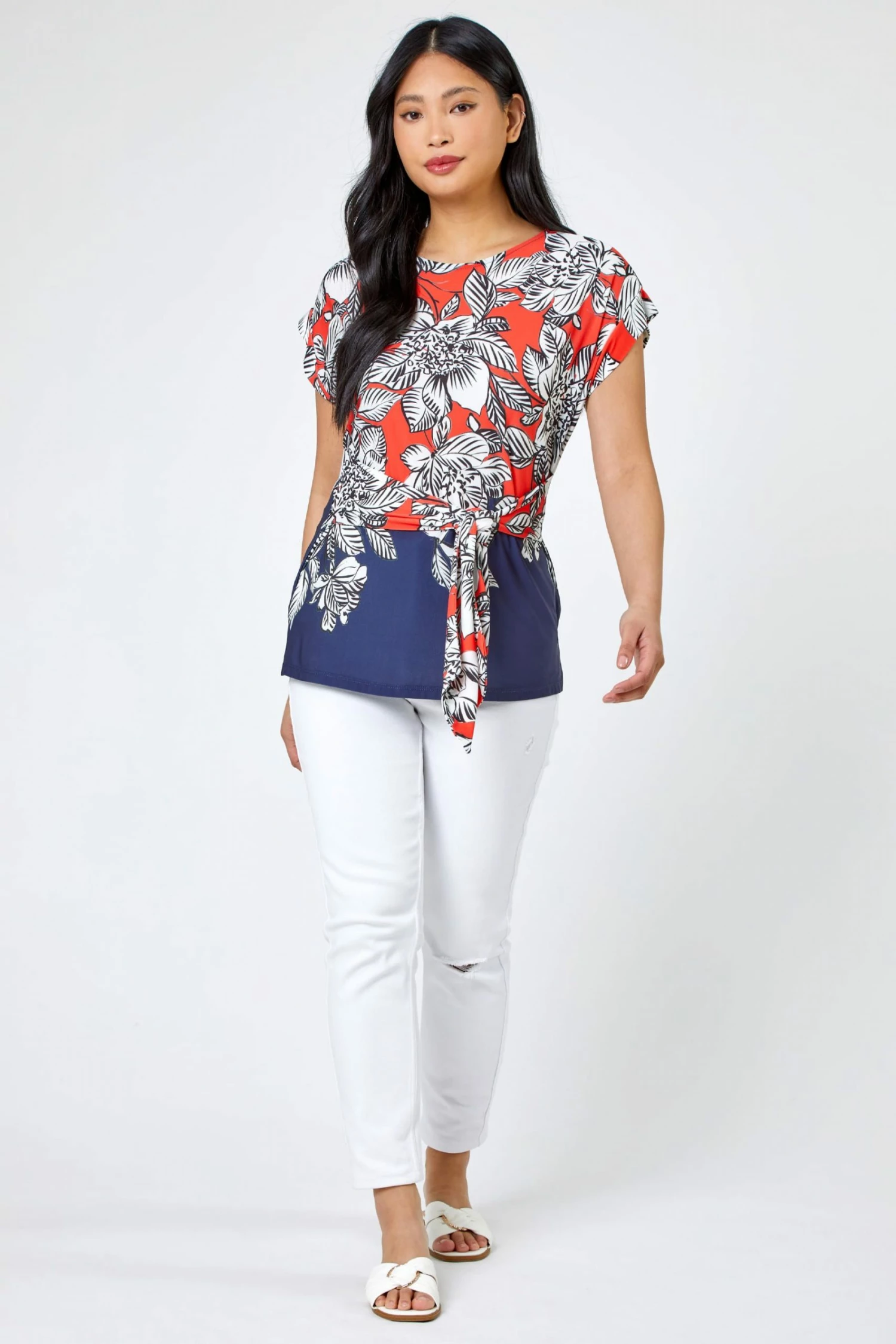 Roman Orange & Blue Petite Floral Print Waist Tie Top 5 Roman Orange & Blue Petite Floral Print Waist Tie Top - Image 3