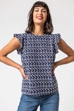 Roman Blue Broderie Spot Frill Sleeve Detail Top