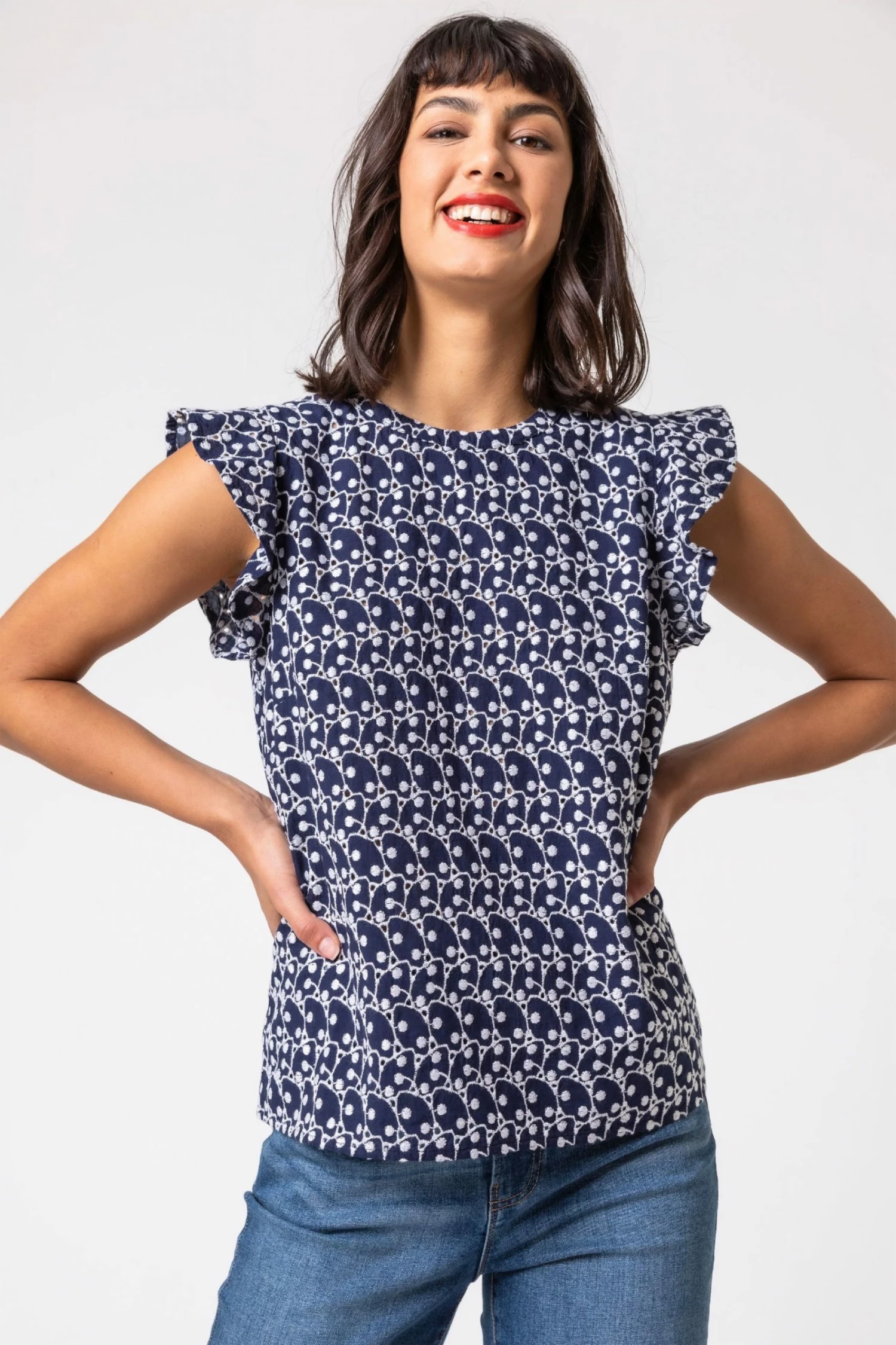 Roman Blue Broderie Spot Frill Sleeve Detail Top 3 Roman Blue Broderie Spot Frill Sleeve Detail Top