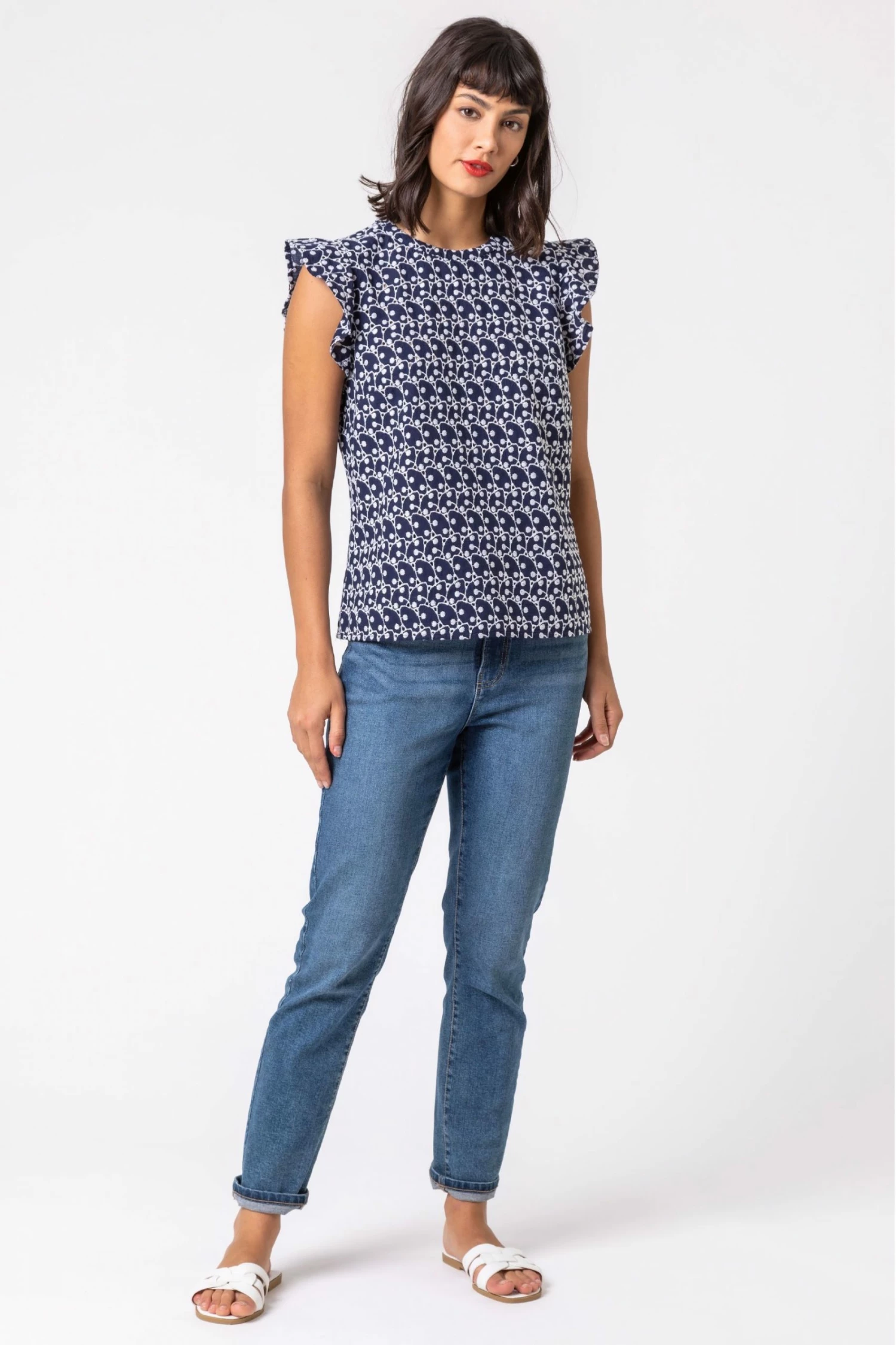 Roman Blue Broderie Spot Frill Sleeve Detail Top 4 Roman Blue Broderie Spot Frill Sleeve Detail Top - Image 2