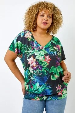 Roman Black Curve Tropical Print Blouson Hem Top