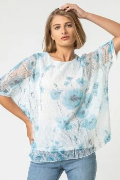 Roman Blue Mesh Overlay Leaf Print Top