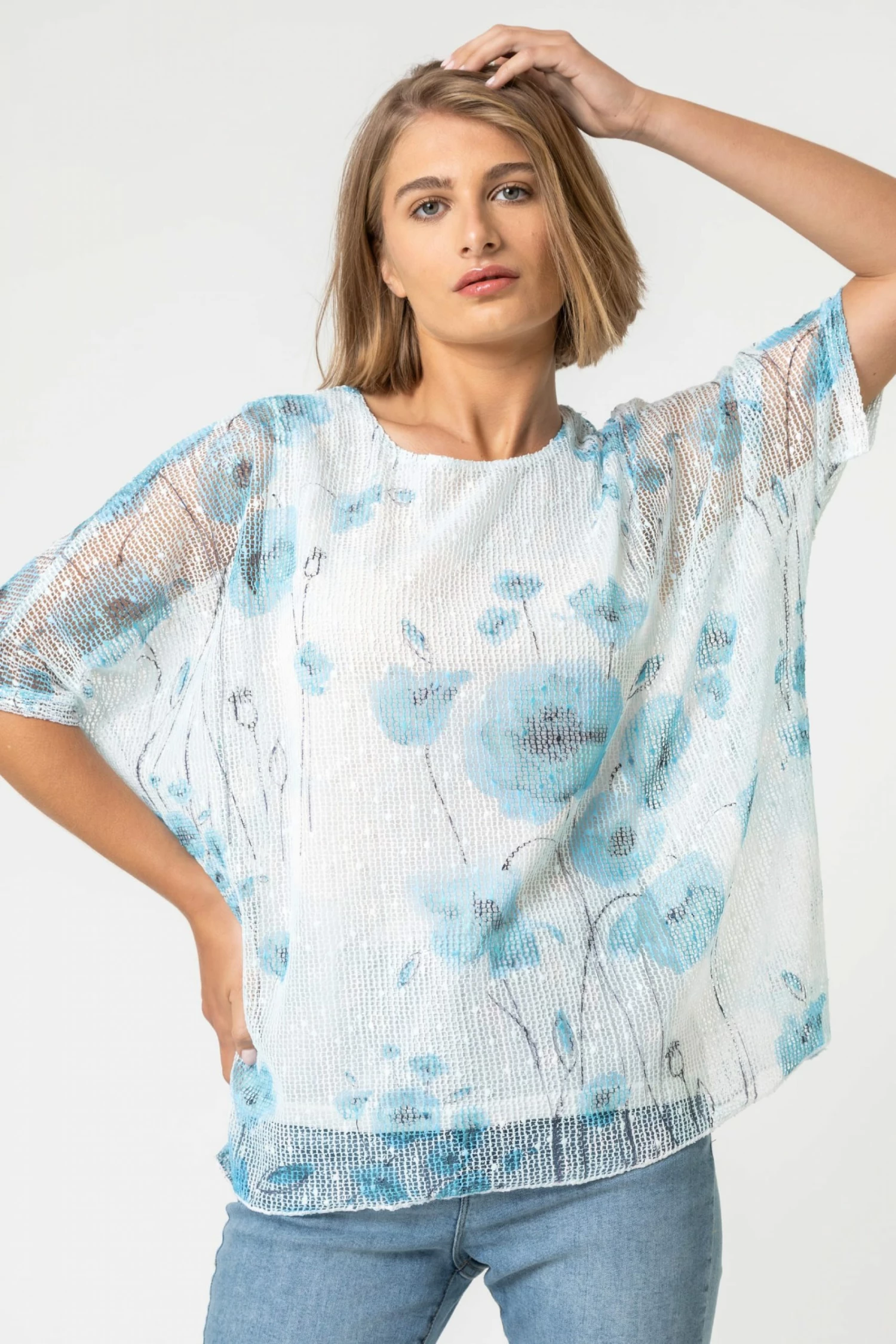 Roman Blue Mesh Overlay Leaf Print Top 3 Roman Blue Mesh Overlay Leaf Print Top