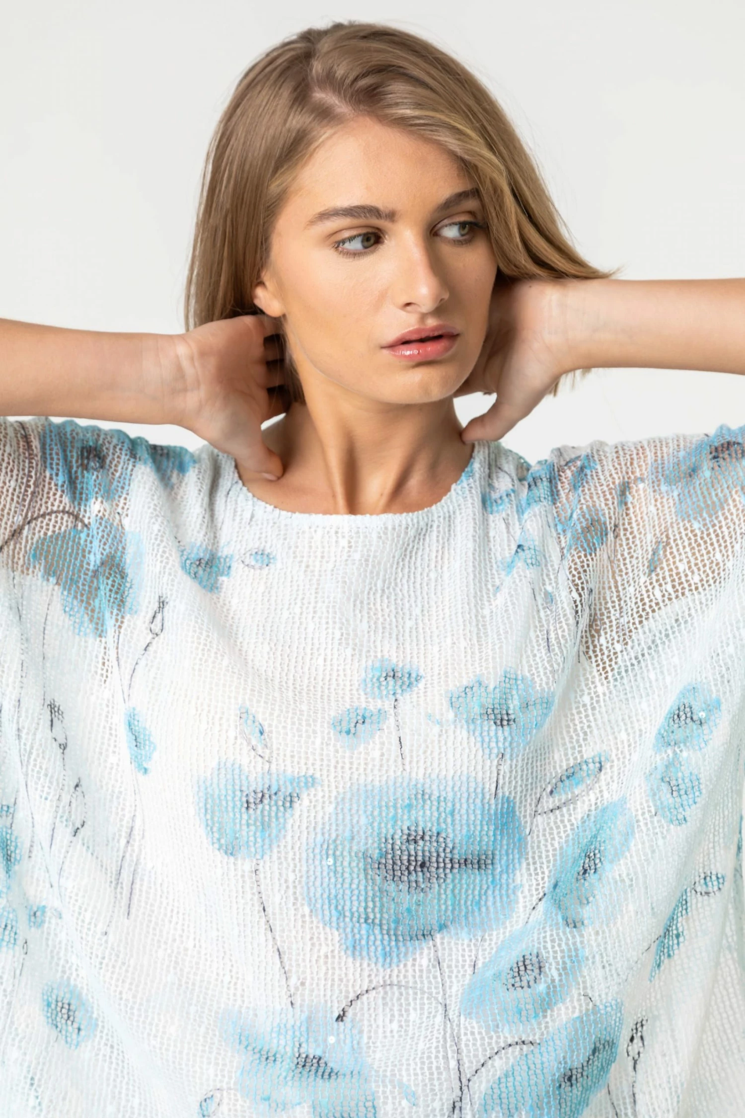 Roman Blue Mesh Overlay Leaf Print Top 6 Roman Blue Mesh Overlay Leaf Print Top - Image 4