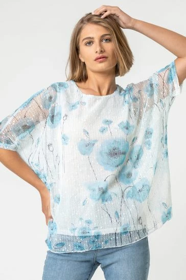Roman Blue Mesh Overlay Leaf Print Top 7 Roman Blue Mesh Overlay Leaf Print Top - Image 5