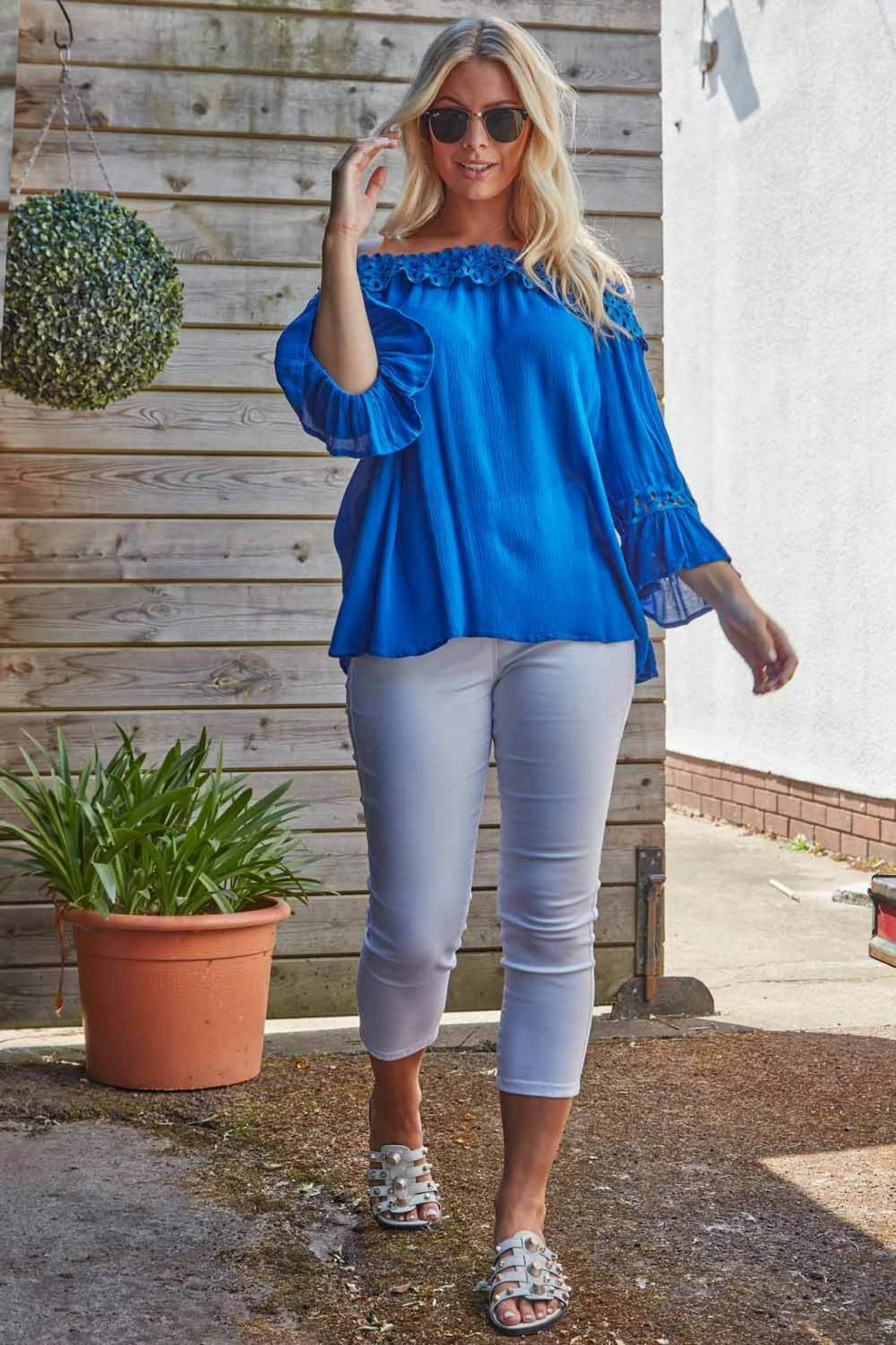 Roman Blue Lace Trim Bardot Top 6 Roman Blue Lace Trim Bardot Top - Image 4