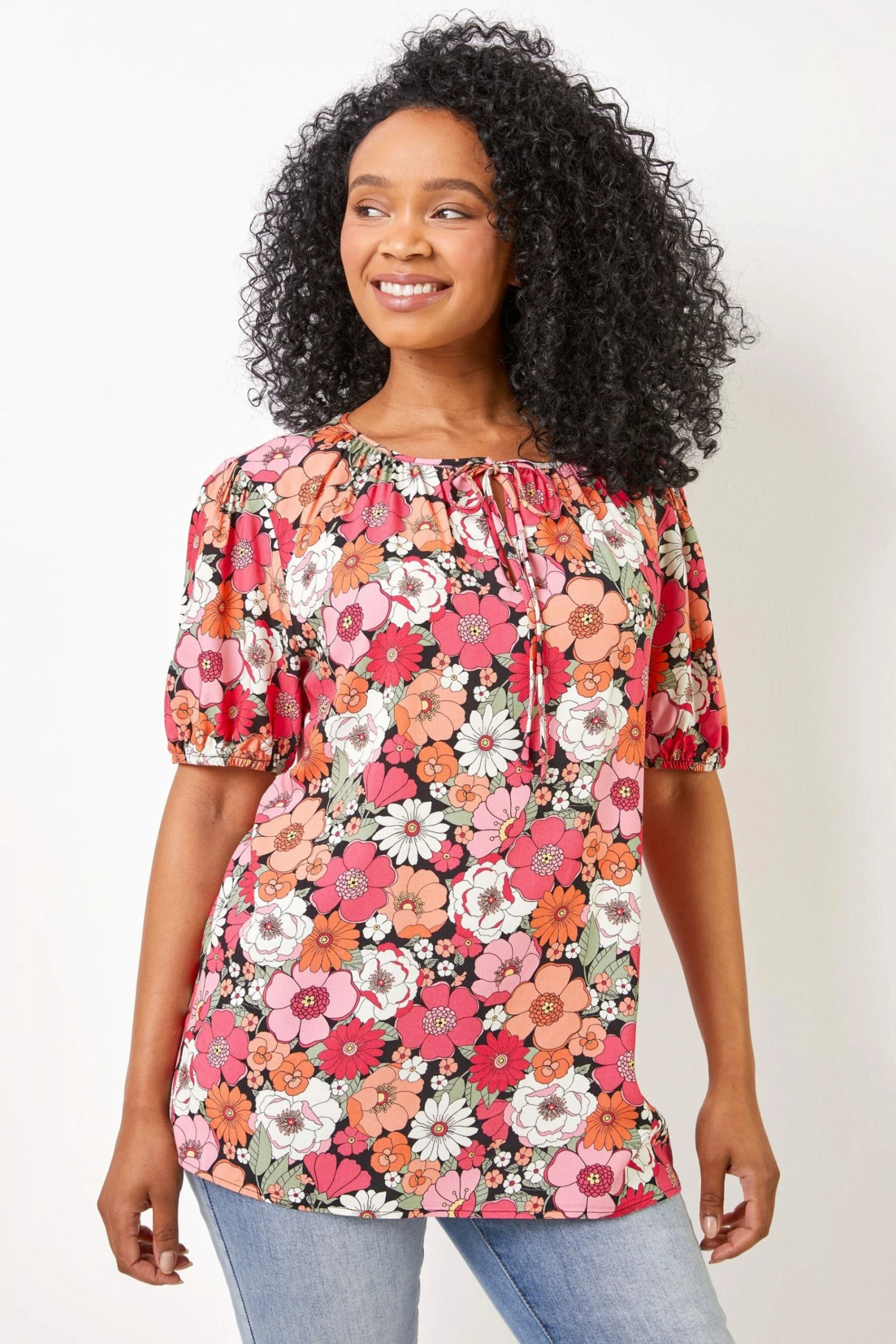 Roman Pink Petite Floral Print Neck Tie Top 3 Roman Pink Petite Floral Print Neck Tie Top