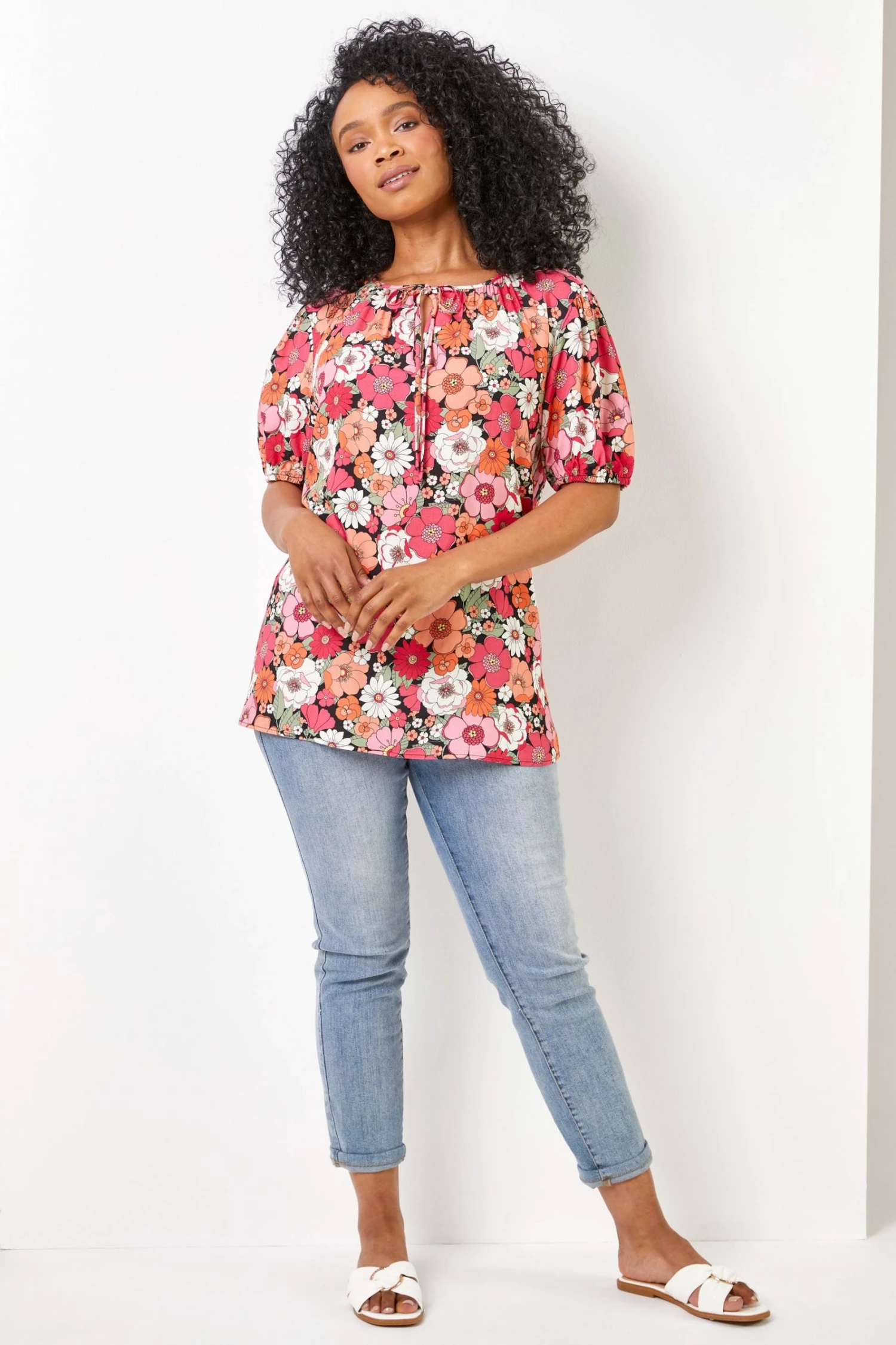 Roman Pink Petite Floral Print Neck Tie Top 4 Roman Pink Petite Floral Print Neck Tie Top - Image 2