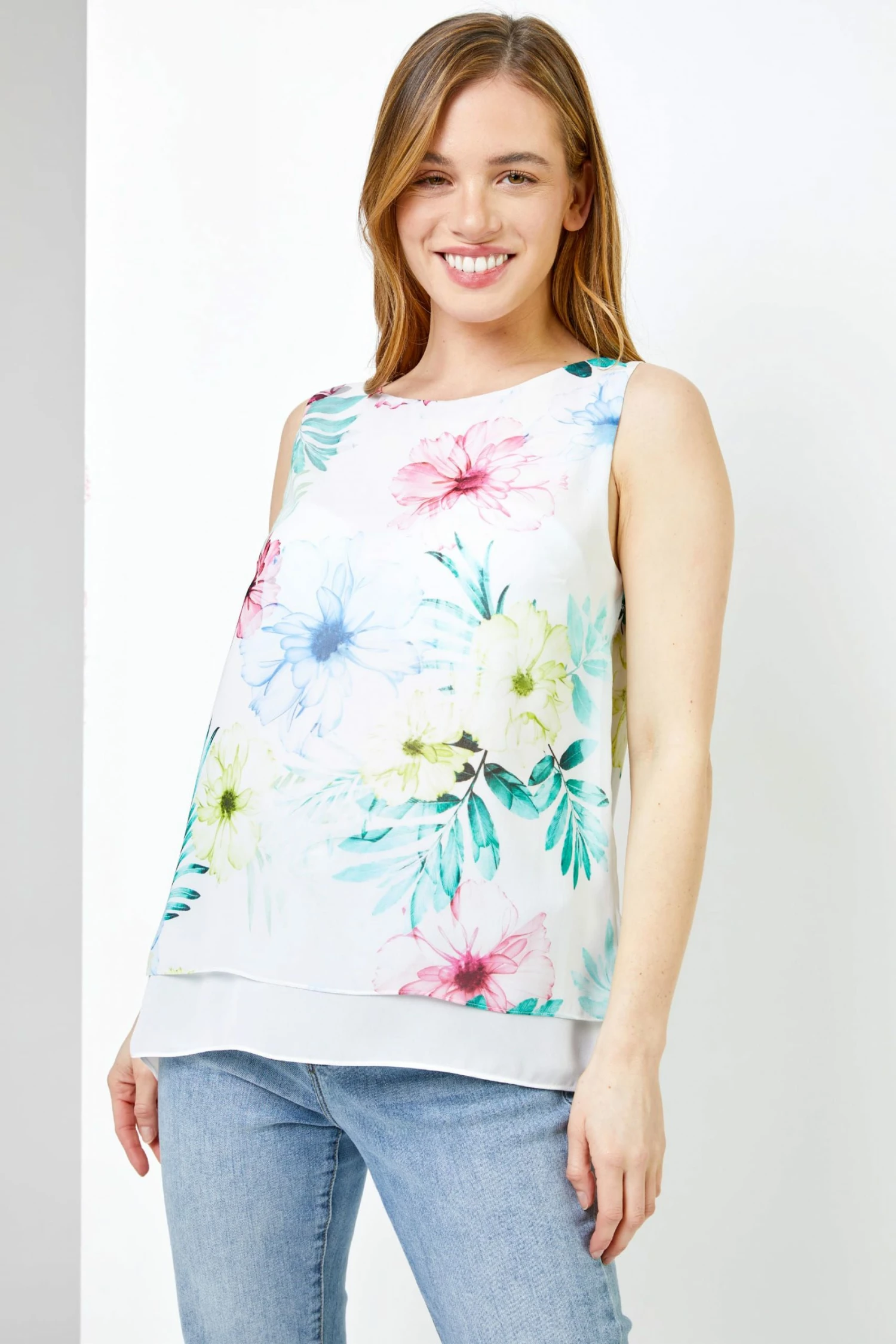 Roman White Petite Floral Print Chiffon Overlay Top 3 Roman White Petite Floral Print Chiffon Overlay Top