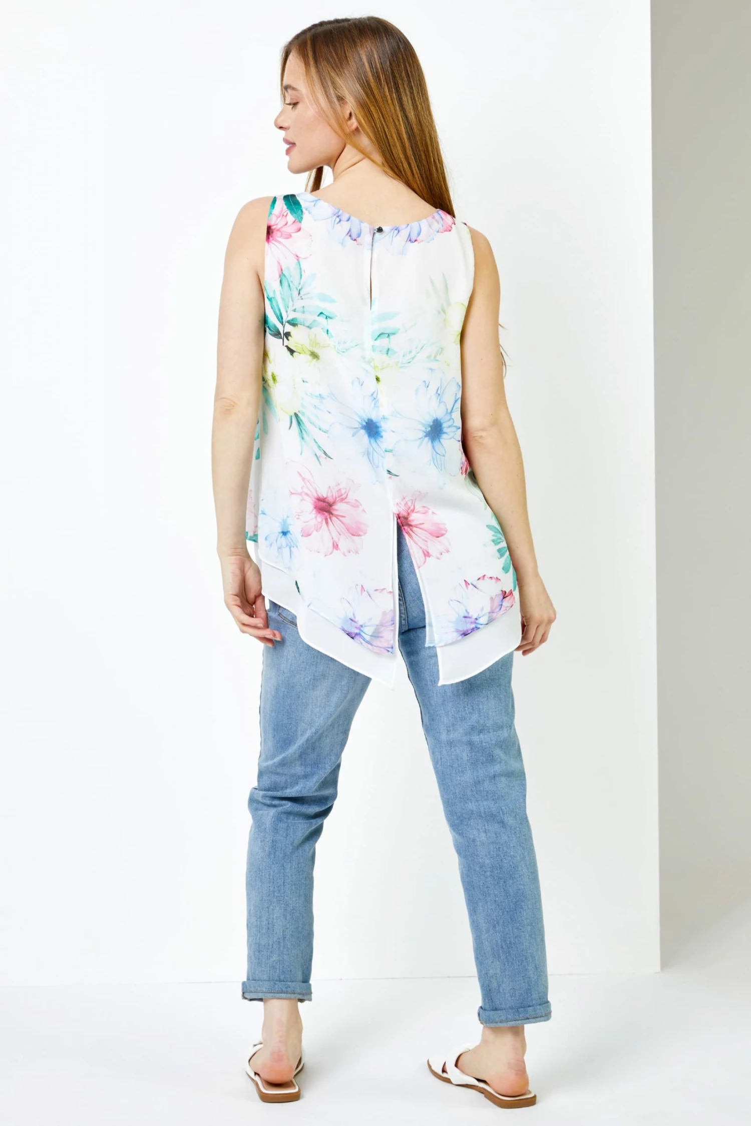 Roman White Petite Floral Print Chiffon Overlay Top 4 Roman White Petite Floral Print Chiffon Overlay Top - Image 2