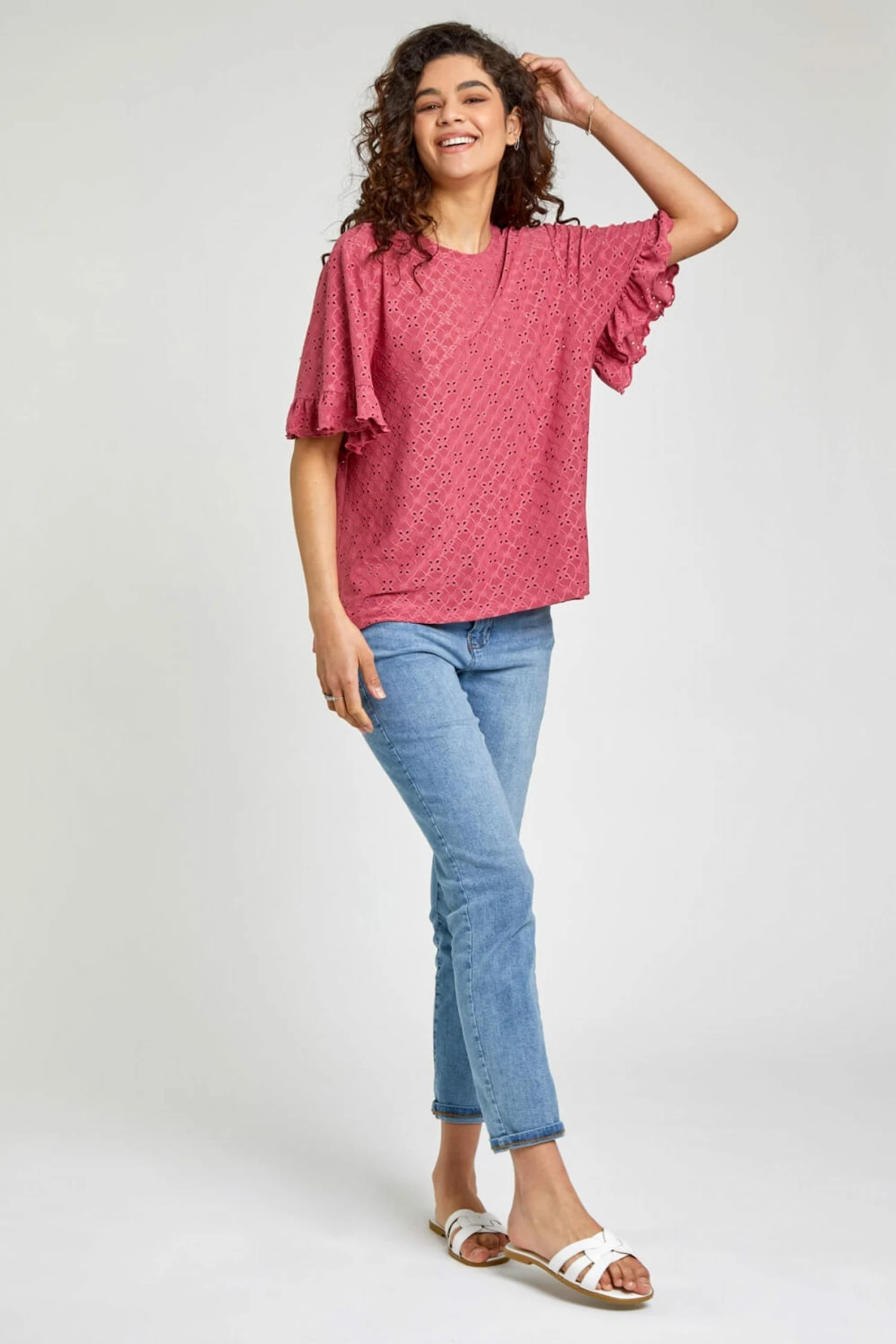 Roman Pink Frill Sleeve Broderie Top 4 Roman Pink Frill Sleeve Broderie Top - Image 2