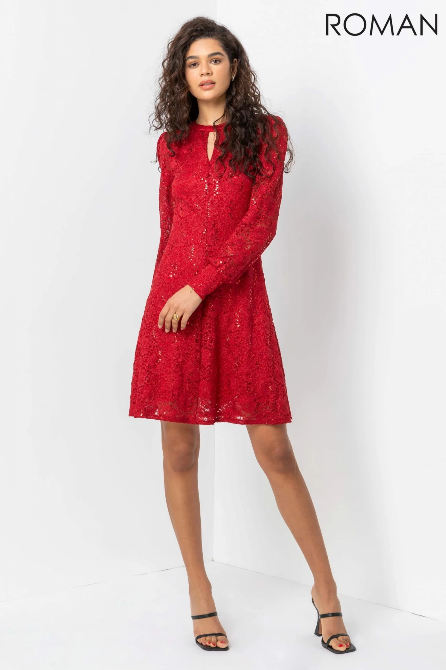 Roman Red Lace Sparkle Swing Dress 5 Roman Red Lace Sparkle Swing Dress - Image 3