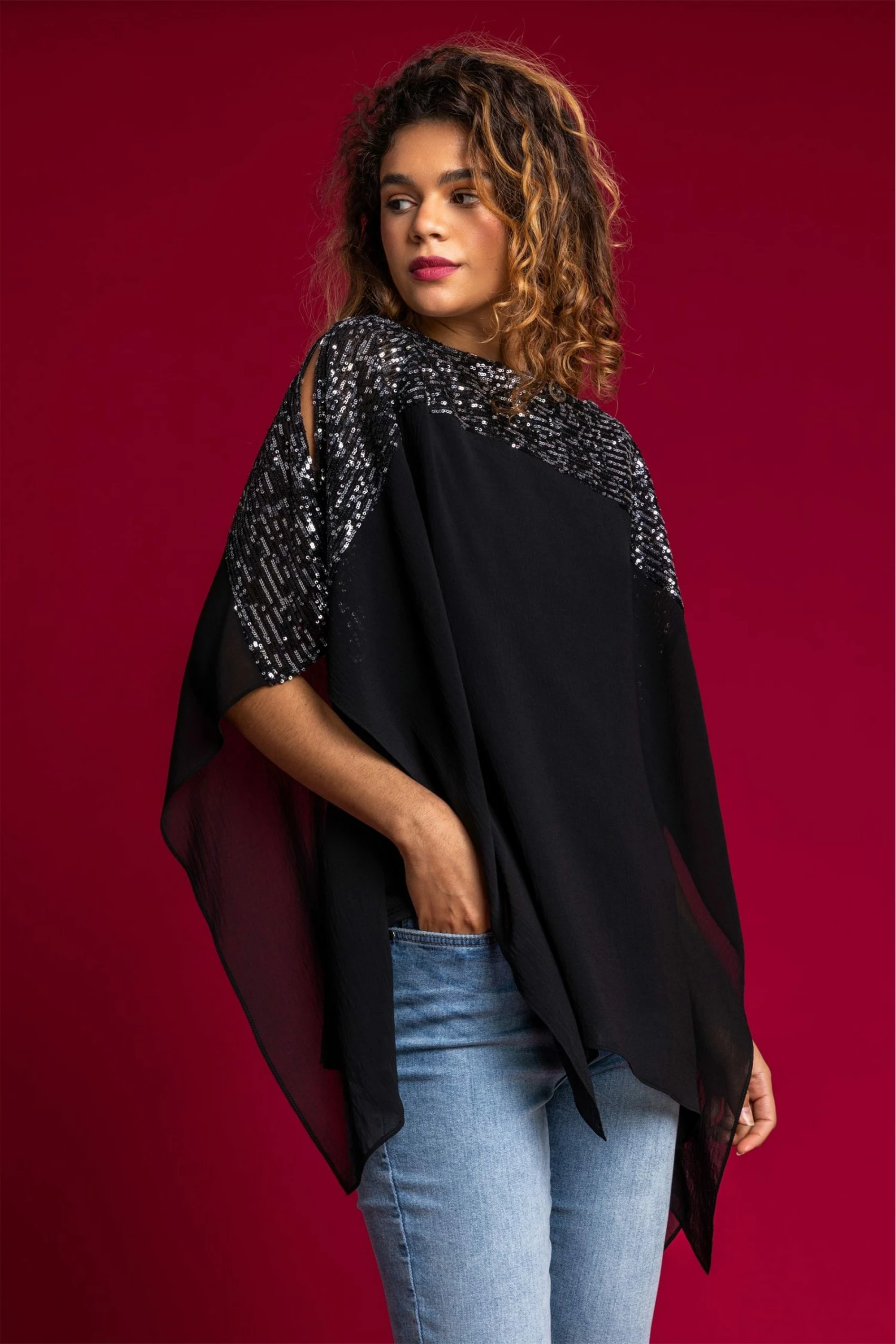 Roman Silver Sequin Embellished Chiffon Overlay Top 3 Roman Silver Sequin Embellished Chiffon Overlay Top