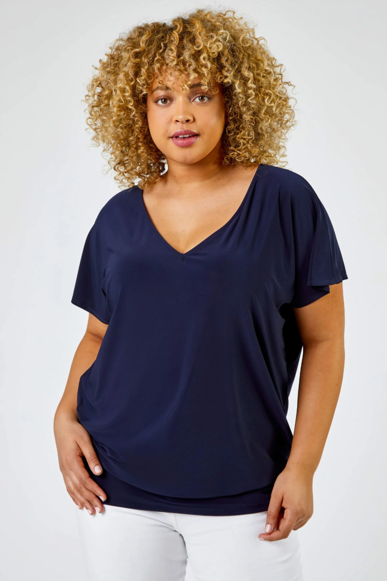 Roman Blue Curve Plain Blouson Hem Top 3 Roman Blue Curve Plain Blouson Hem Top