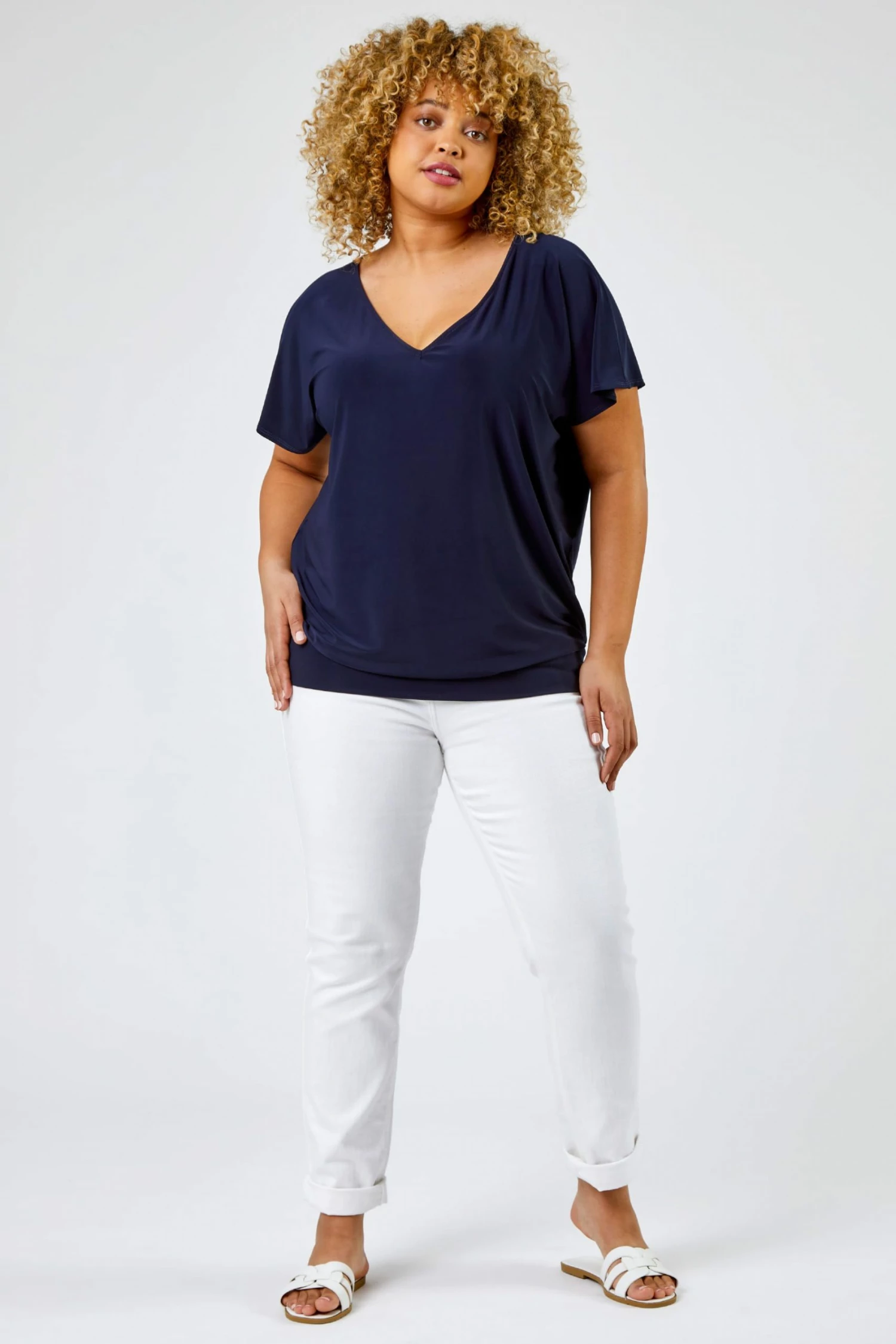 Roman Blue Curve Plain Blouson Hem Top 5 Roman Blue Curve Plain Blouson Hem Top - Image 3