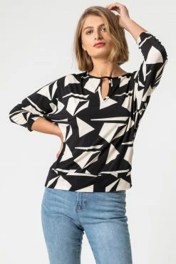 Roman Black Geo Print Keyhole Detail Blouson Top