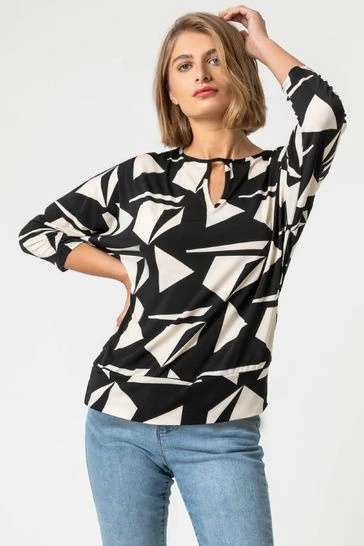 Roman Black Geo Print Keyhole Detail Blouson Top 7 Roman Black Geo Print Keyhole Detail Blouson Top - Image 5