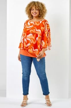 Roman Orange Curve Retro Swirl Chiffon Overlay Top -Roman Sales Shop unnamed file 5887