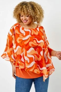 Roman Orange Curve Retro Swirl Chiffon Overlay Top -Roman Sales Shop unnamed file 5889