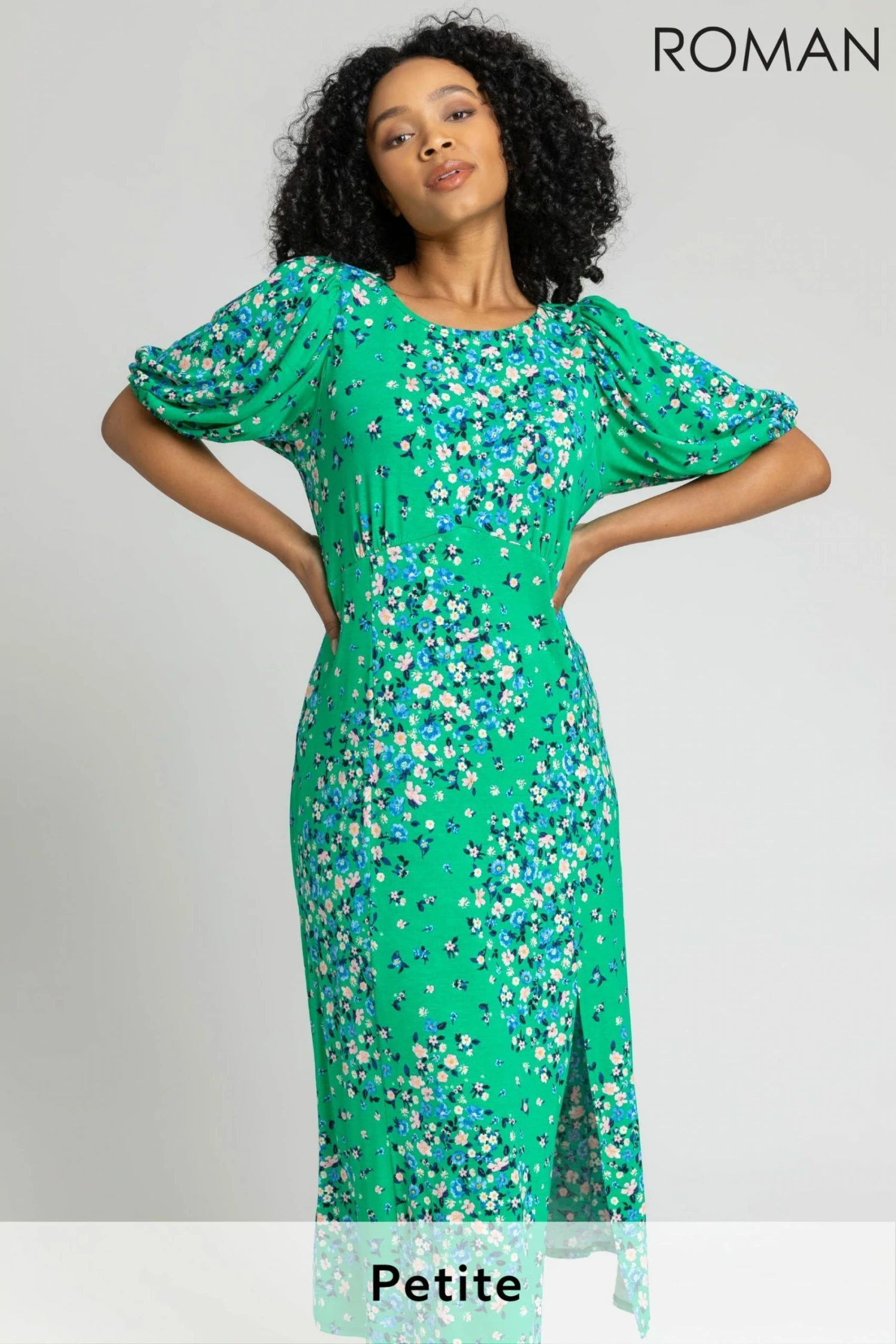 Roman Green Petite Floral Print Empire Midi Dress 3 Roman Green Petite Floral Print Empire Midi Dress