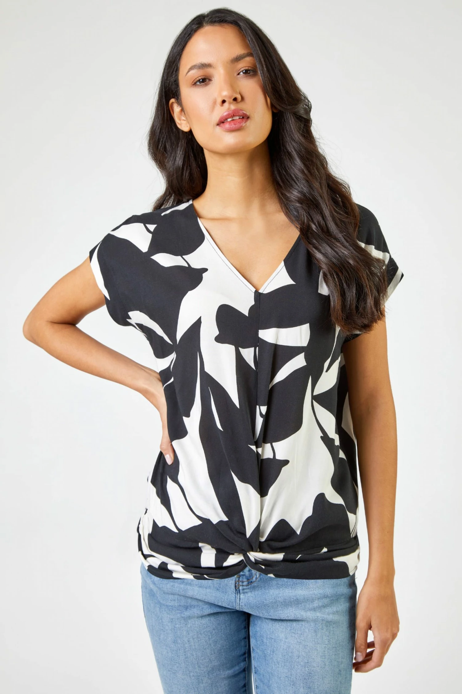 Roman Black & White Contrast Floral Print Twist Detail Top 3 Roman Black & White Contrast Floral Print Twist Detail Top