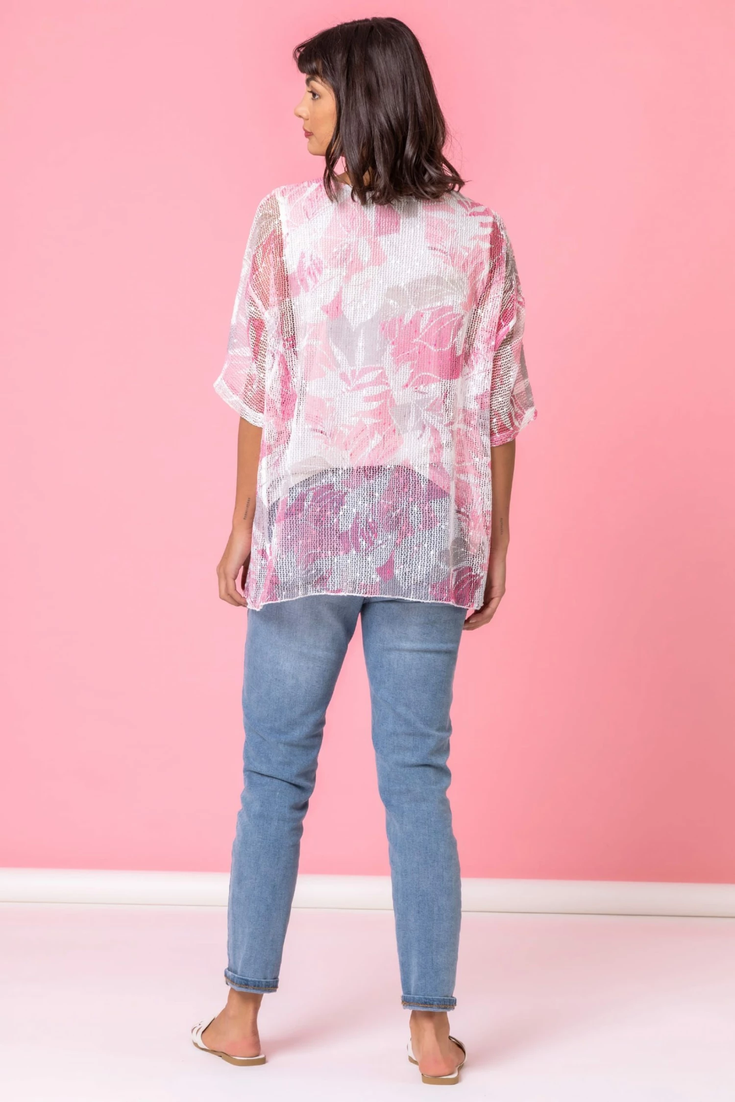 Roman Pink Mesh Overlay Leaf Print Top 4 Roman Pink Mesh Overlay Leaf Print Top - Image 2