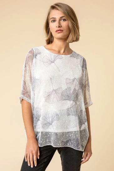 Roman Pink Mesh Overlay Leaf Print Top 8 Roman Pink Mesh Overlay Leaf Print Top - Image 6