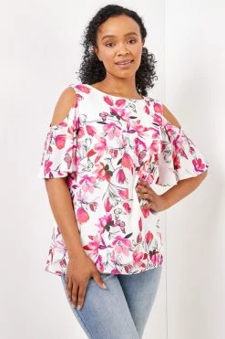 Roman Pink Petite Floral Print Cold Shoulder Chiffon Top