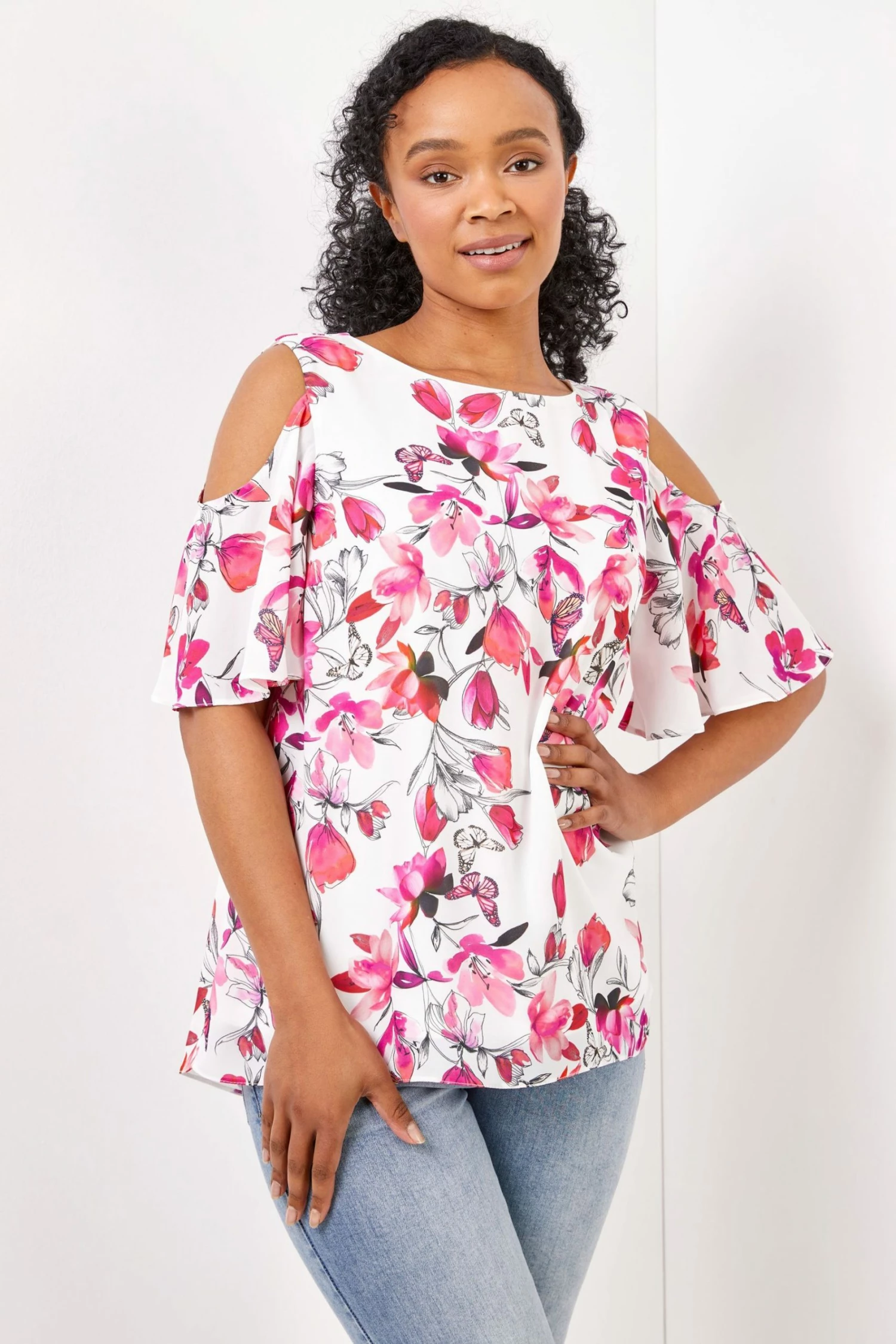 Roman Pink Petite Floral Print Cold Shoulder Chiffon Top 3 Roman Pink Petite Floral Print Cold Shoulder Chiffon Top