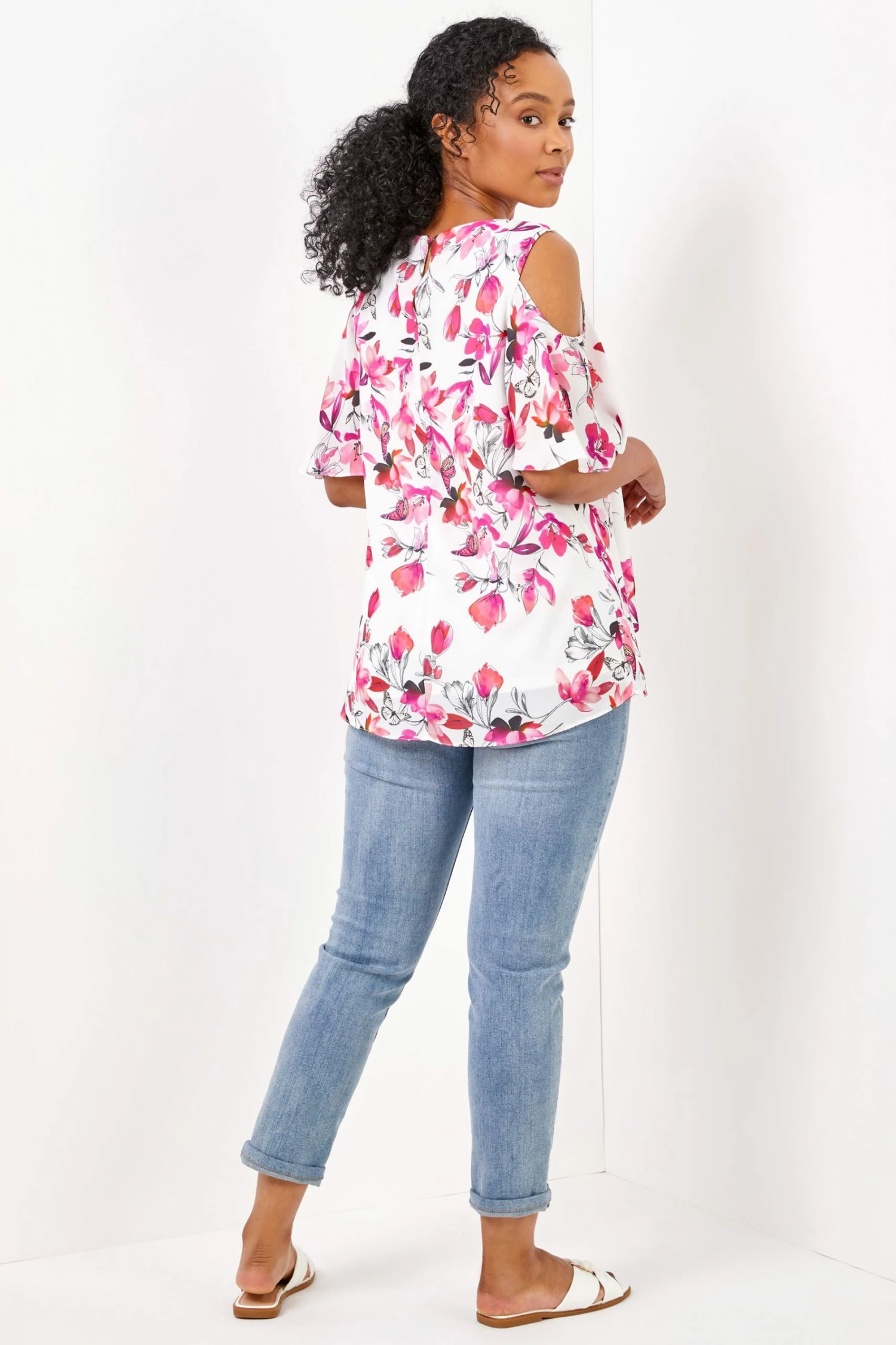 Roman Pink Petite Floral Print Cold Shoulder Chiffon Top 5 Roman Pink Petite Floral Print Cold Shoulder Chiffon Top - Image 3