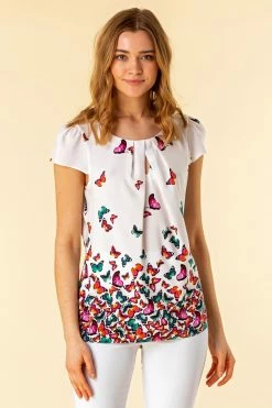 Roman White Keyhole Detail Butterfly Print Top