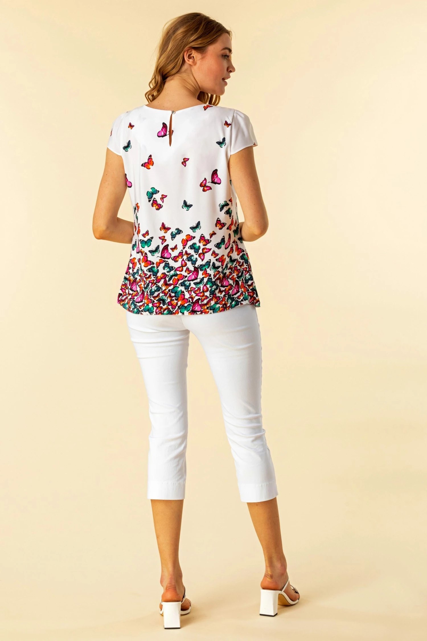 Roman White Keyhole Detail Butterfly Print Top 4 Roman White Keyhole Detail Butterfly Print Top - Image 2