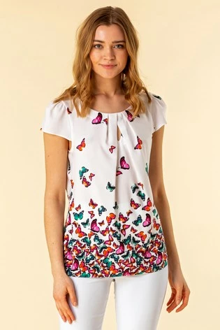 Roman White Keyhole Detail Butterfly Print Top 7 Roman White Keyhole Detail Butterfly Print Top - Image 5