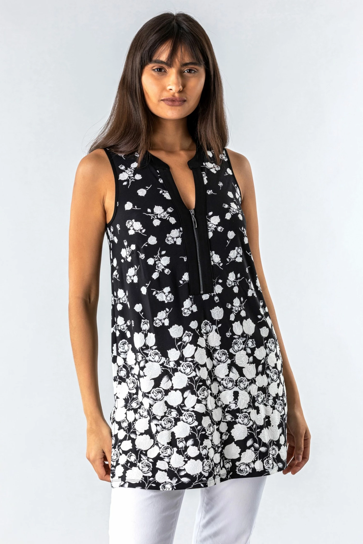 Roman Black Floral Puff Print Zip Detail Top 3 Roman Black Floral Puff Print Zip Detail Top