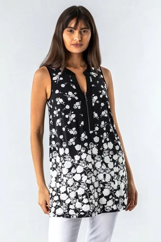 Roman Black Floral Puff Print Zip Detail Top 7 Roman Black Floral Puff Print Zip Detail Top - Image 5