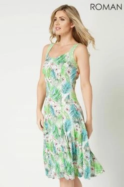 Roman Green Tropical Print Fit And Flare Dress
