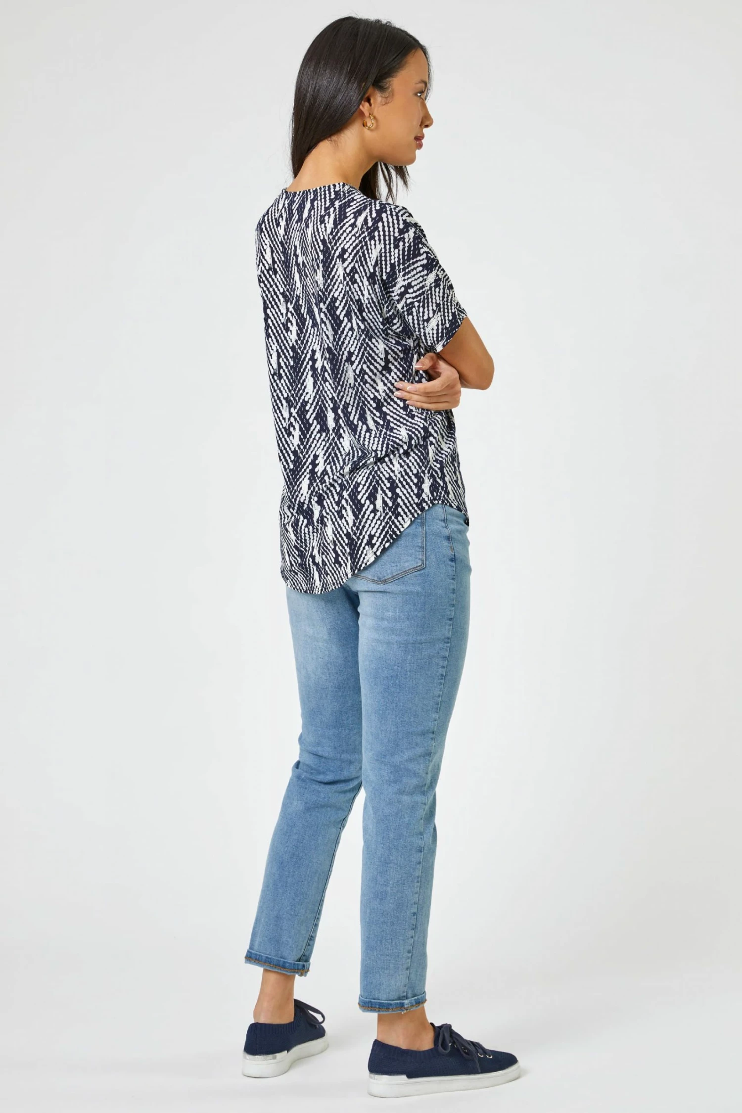 Roman Blue Textured Abstract Print Zip Front Top 4 Roman Blue Textured Abstract Print Zip Front Top - Image 2