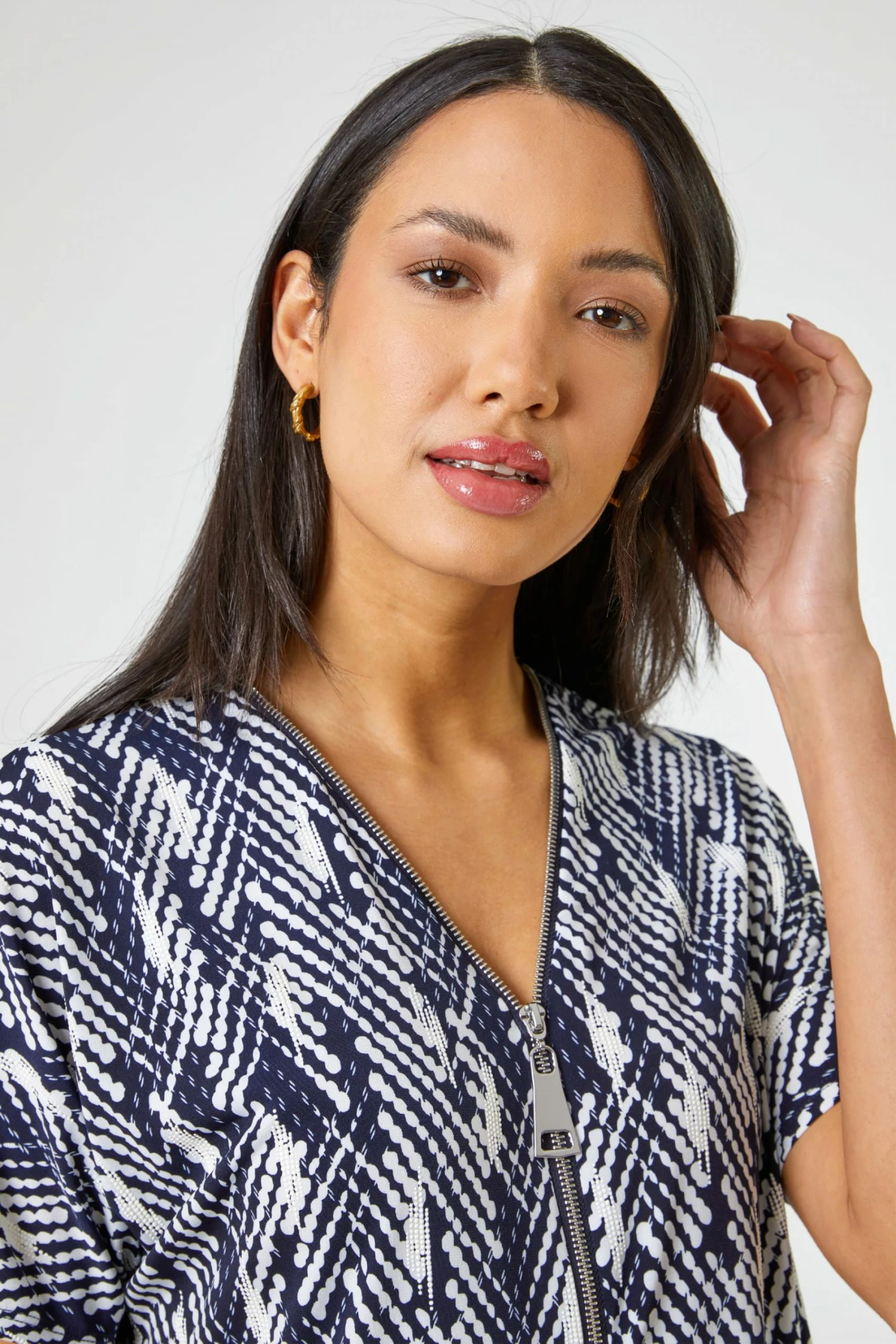 Roman Blue Textured Abstract Print Zip Front Top 5 Roman Blue Textured Abstract Print Zip Front Top - Image 3