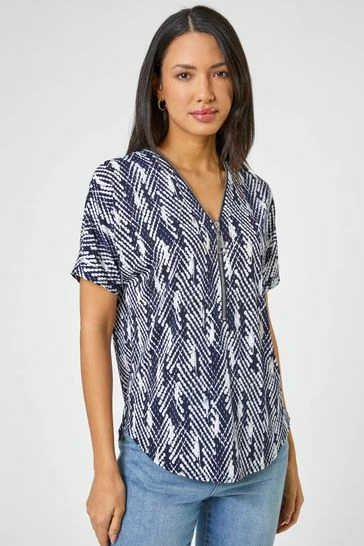 Roman Blue Textured Abstract Print Zip Front Top 7 Roman Blue Textured Abstract Print Zip Front Top - Image 5