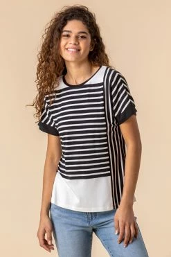 Roman Black Contrast Stripe Print Top