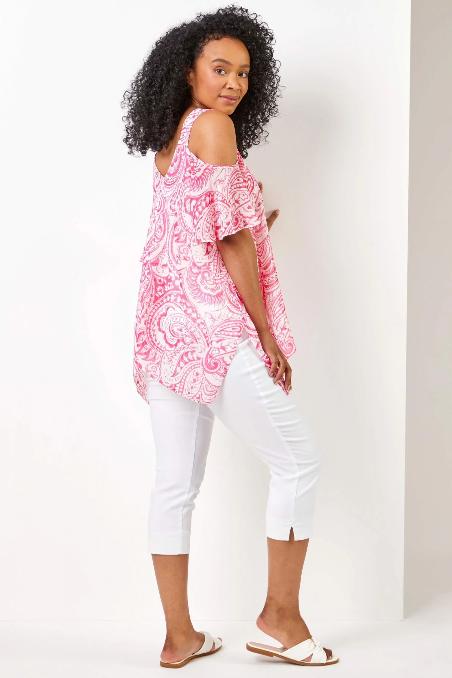 Roman Pink Abstract Paisley Print Petite Cold Shoulder Abstract Paisley Print Hanky Hem Top 5 Roman Pink Abstract Paisley Print Petite Cold Shoulder Abstract Paisley Print Hanky Hem Top - Image 3