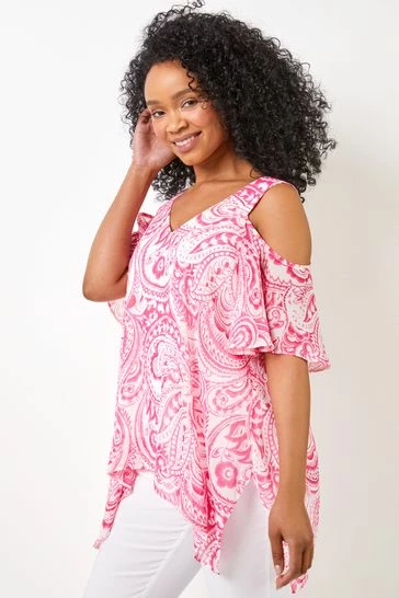Roman Pink Abstract Paisley Print Petite Cold Shoulder Abstract Paisley Print Hanky Hem Top 7 Roman Pink Abstract Paisley Print Petite Cold Shoulder Abstract Paisley Print Hanky Hem Top - Image 5