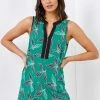 Roman Green Leaf Puff Print Zip Detail Top
